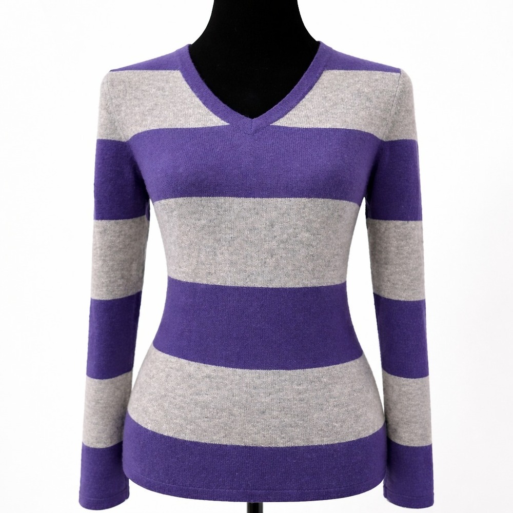 Fenn Wright Manson Womens Pullover V-Neck Sweater Medium Purple Stripe Cashmere